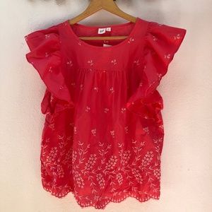 Eyelet flutter sleeve embroidered cotton blouse Sm